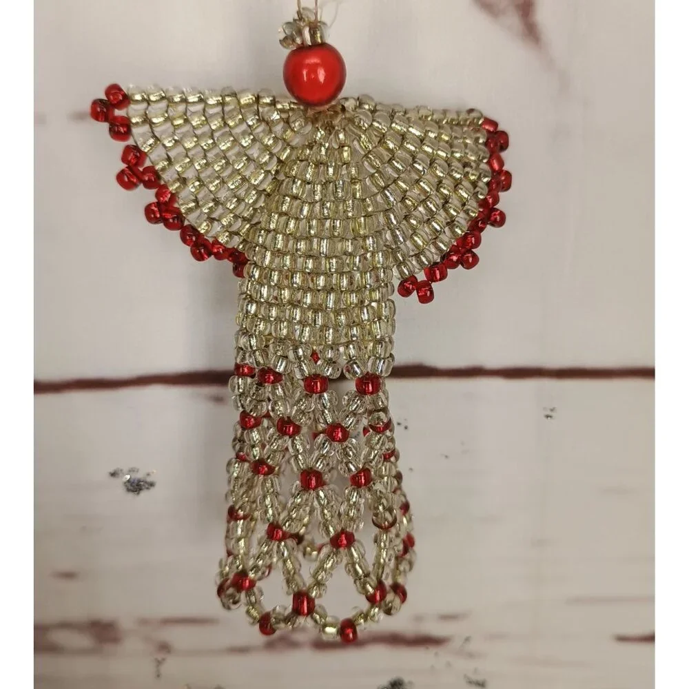 Handcrafted Beaded‎ Angel Ornament With Gold & Red Glass Beads
